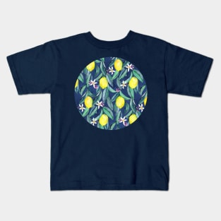 When Life Gives You Lemons - watercolor lemons on dark blue Kids T-Shirt